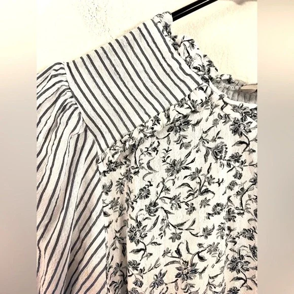 American Eagle Blue Floral Striped Cropped Puff Sleeve Peasant Blouse Top LARGE - Picture 3 of 8